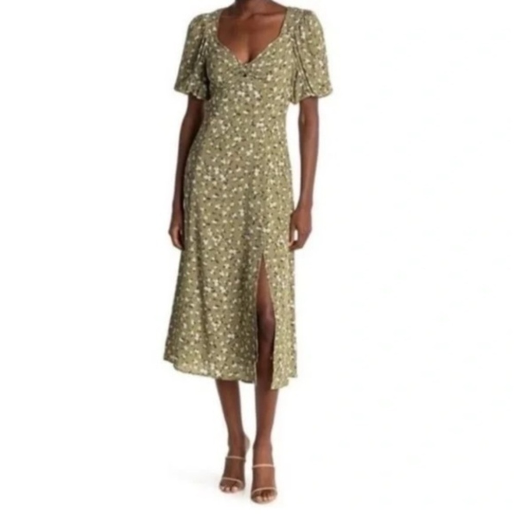 Astr The Label Bubble Sleeve Sweetheart Slit Midi Dress Floral Sage Green Small